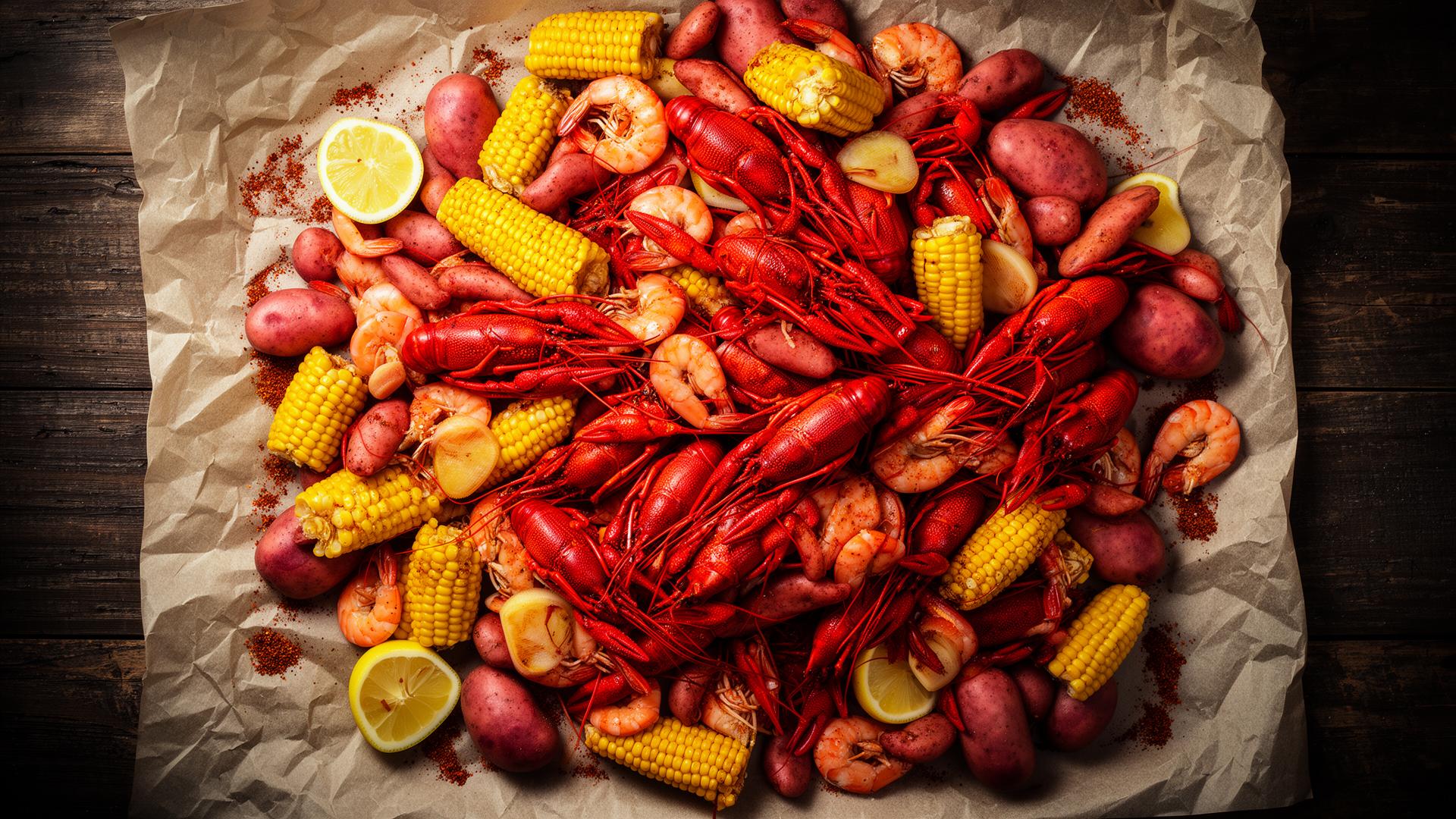 Louisiana style seafood boil with crawfish, shrimp, corn and potatoes